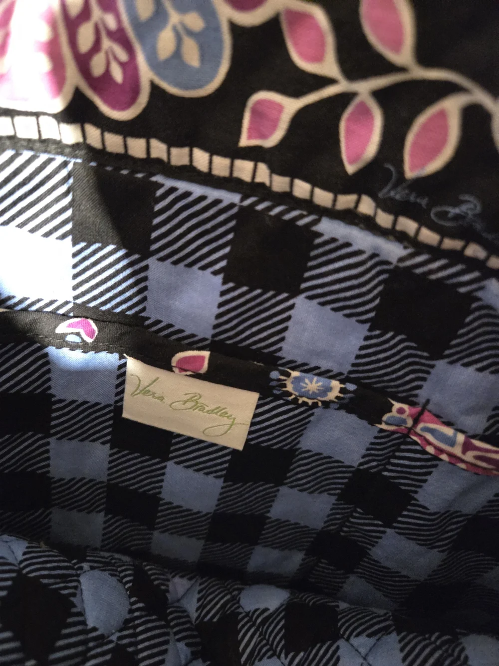 Vera Bradley Black Quilted Floral Tote with Pink & Blue Accents